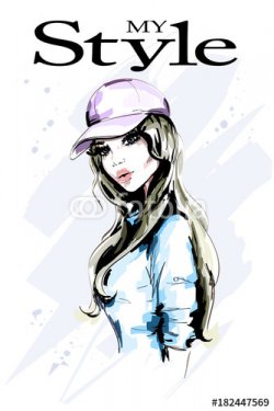 Fashion woman in cap. Hand drawn beautiful young woman portrait. Fashion mode... - 901150909