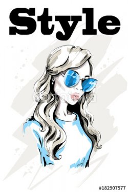 Hand drawn beautiful woman portrait. Fashion lady in sunglasses. Stylish youn... - 901150920