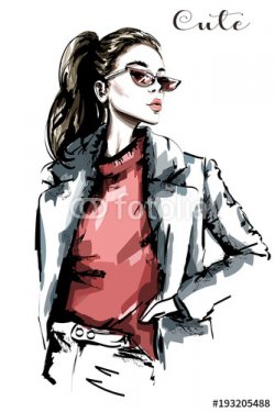 Hand drawn beautiful woman portrait. Fashion woman in sunglasses. Sketch. Vec... - 901150906
