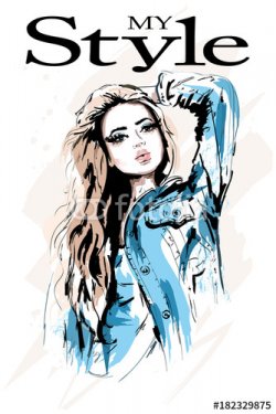 Hand drawn beautiful woman portrait. Stylish woman in jeans jacket. Fashion girl with blond hair. Sketch.