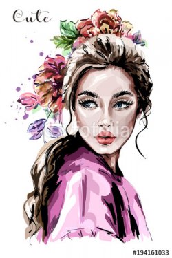 Hand drawn beautiful young woman portrait. Fashion woman. Cute girl with flow... - 901150905