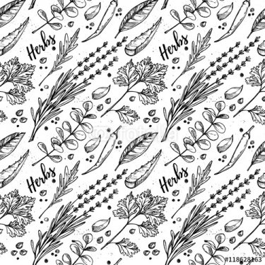 Hand drawn vector. Seamless pattern with herbs and spices.