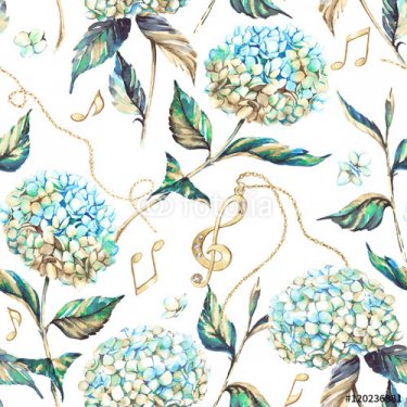 Hand-drawn watercolor seamless pattern with summer blossom of blue and white hydrangea. Repeated print for the textile and wallpaper