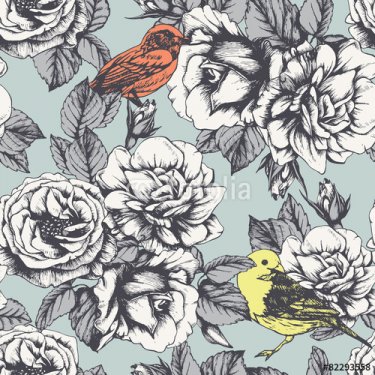 Seamless floral pattern with hand-drawn roses and birds. Vector - 901150882