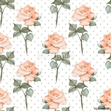 Seamless pattern with watercolor roses. Polka dots. Background 09