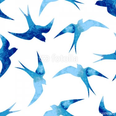 Seamless watercolor pattern with blue swallows - 901150891