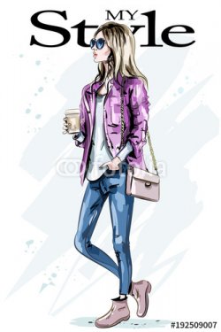 Stylish beautiful young woman with coffee mug. Hand drawn fashion woman. Cute girl with blond hair. Sketch.