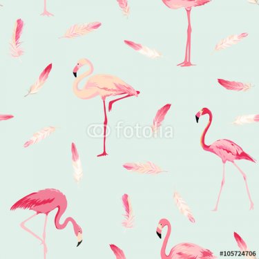 Flamingo Bird Background. Flamingo Feather Background. Retro Seamless Pattern - 901151066