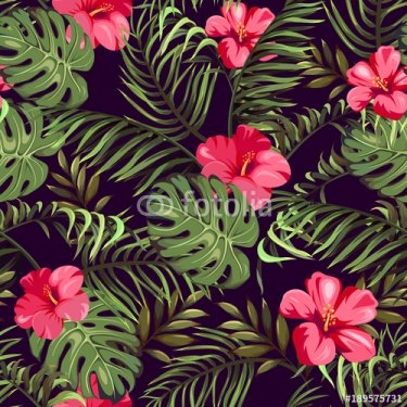Seamless pattern with exotic flowers and leaves. Tropical Plants 