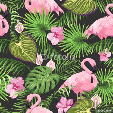 Seamless pattern with tropical leaves, exotic flowers and flamingo