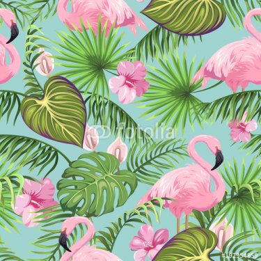 Seamless pattern with tropical leaves, exotic flowers and flamingo 