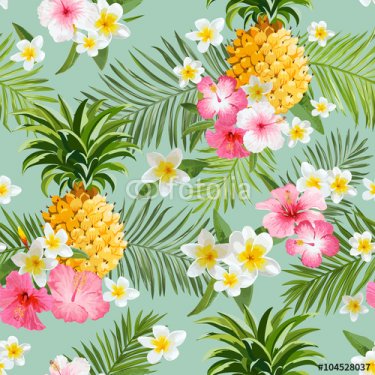 Tropical Flowers and Pineapples Background - Vintage Seamless Pattern