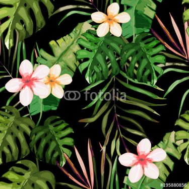 Tropical seamless pattern. Palm tree leaves and flower. Hand drawn vector illustration. Summer background