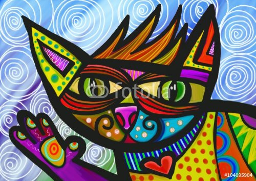 A digitally painted illustration of a waving cat drawn in a colorful folk art... - 901146848