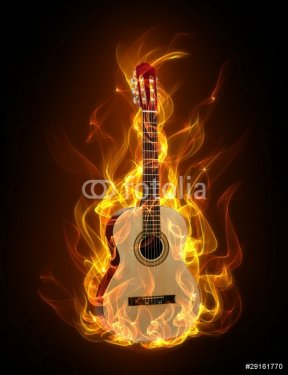 Acoustic guitar in fire and flames
