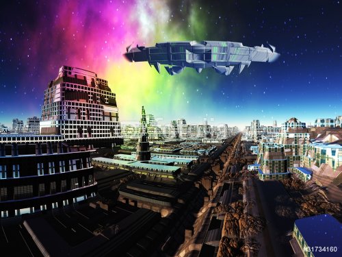 Alien Spaceship over Futuristic Metropolis
