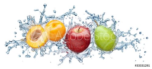 Apricot, apple and pear in spray of water.