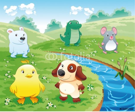 Baby pets near the river. Cartoon and vector illustration.