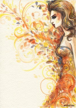 Beautiful autumn  woman. watercolor illustration - 901141797
