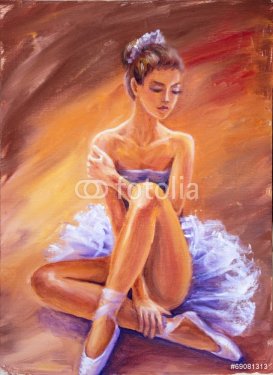 Beautiful sitting ballerina. Oil painting. - 901142957
