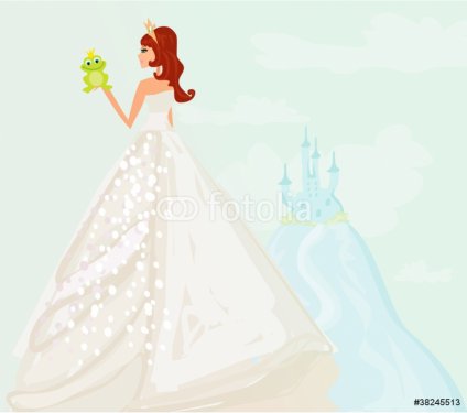 Beautiful young princess holding a big green frog - 900469386