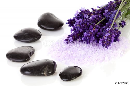 black pebbles stones and lavender flowers - 901140925