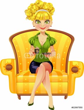 Blond girl with coffee sit in yellow armchair