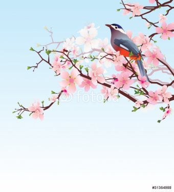 blossoming cherry tree with beautiful bird vector - 900460490