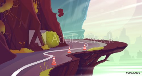 Canyon Road Landscape. Raster Cartoon Background Illustration.