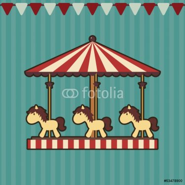 Carousel with ponies on striped background with flags - 901140580