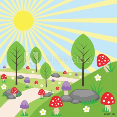 Cartoon bright landscape with mushrooms - 900465766