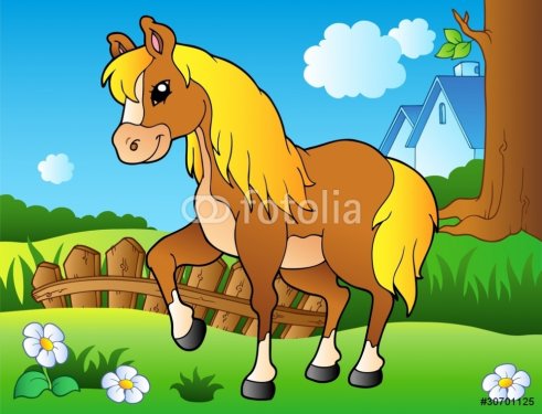 Cartoon horse on spring meadow - 900454297