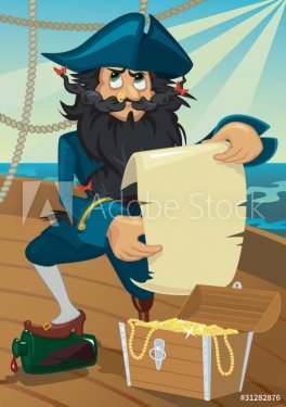 Cartoon pirate with treasure chest - 901142405
