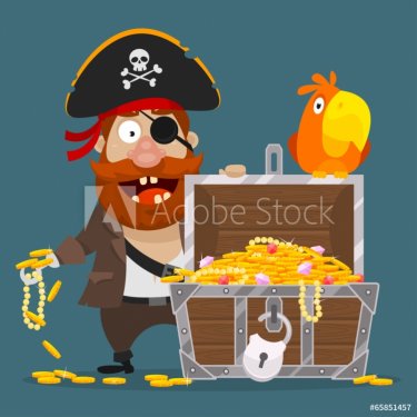 Character pirate chest of gold and parrot