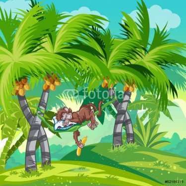 Children's illustration of the jungle with a sleeping monkey. - 901140416