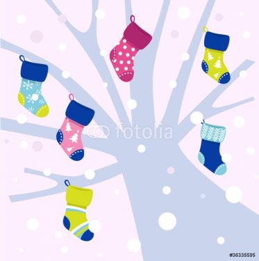 Christmas socks on winter tree, snowing behind - vector..