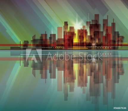 City skyline at night with reflection in water - 901141722