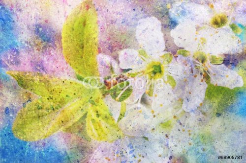 colorful watercolor splatter and blooming spring branch - 901143016
