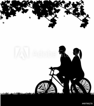 Couple bike ride in park in spring silhouette - 901141014