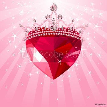 Crystal heart with crown on radial background