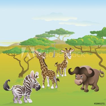 Cute African safari animal cartoon scene - 900868409