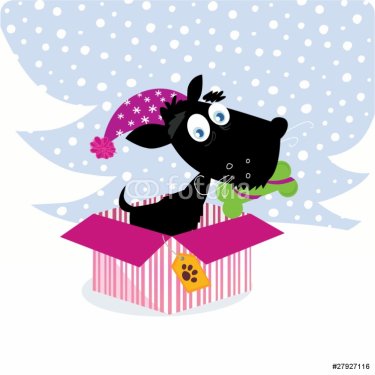 Cute black dog with Santa hat in winter nature. Vector - 900706130