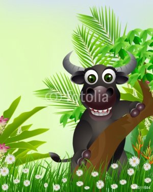 cute buffalo cartoon smiling with tropical forest background