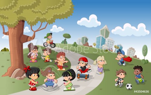 Cute happy cartoon kids playing in green park - 900516021