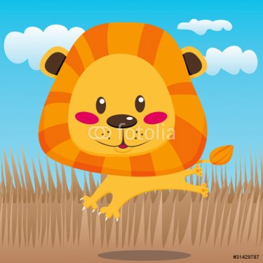 Cute lion jumping and running on the savanna - 901138696
