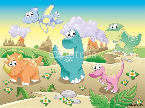 Dinosaurs with background.Cartoon and vector illustration.