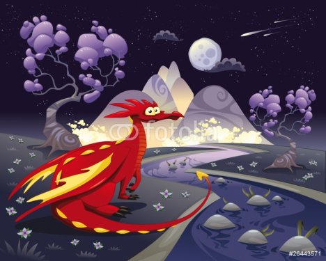 Dragon in the night. Vector illustration, isolated objects.