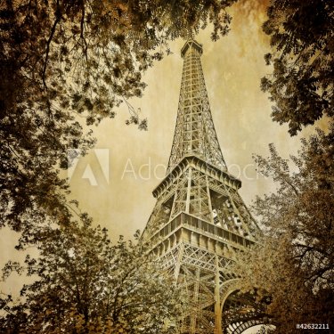 Eiffel tower and trees monochrome vintage