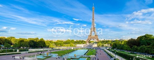 Eiffel Tower panorama, with cloudy sky and park. - 900061915