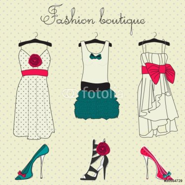 Fashion boutique set, stylized doodles - 900465771